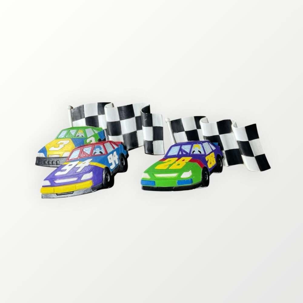 Vintage Homco Race Car Wall Hanging Plaques Kids Colorful Racing Flag Set of 2